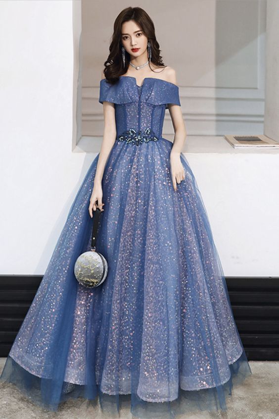 Long Prom Dresses Blue tulle sequins long ball gown dress formal dress cg19066