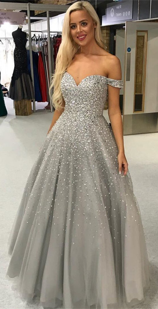 Tüll Off-the-Shoulder A-Linie Abend- und Ballkleider cg1907
