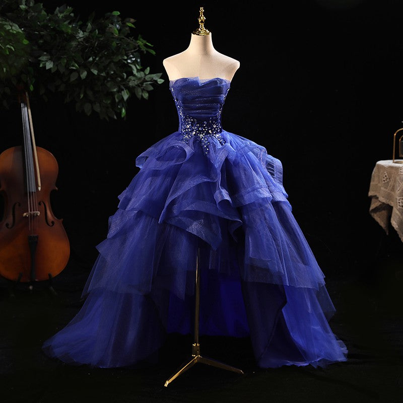 High Low Blue Prom Dresses Ruffles Tiered Crystal Beaded Top Formal Women Party Dress Long Gown Plus Size cg16072