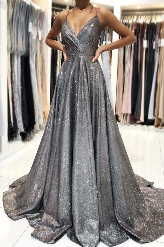 Graues langes Ballkleid mit V-Ausschnitt, schlichtes A-Linien-Abendkleid, cg19082
