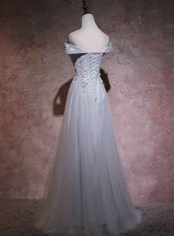 Grey Tulle Long Off Shoulder Party prom Dress 2021, Tulle With Lace Floor Length Party Dress cg19086