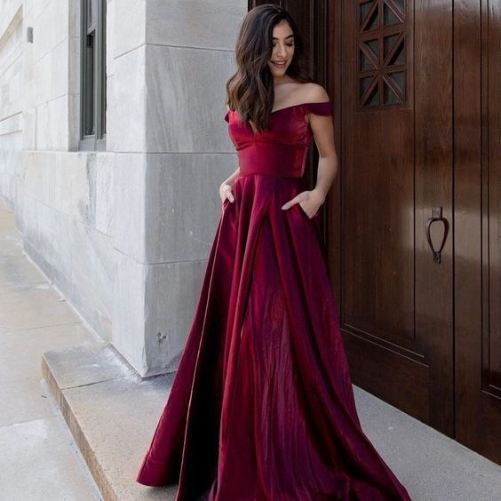 Burgundy A-Line Long Prom Dress, Off the Shoulder Prom Dress cg19090