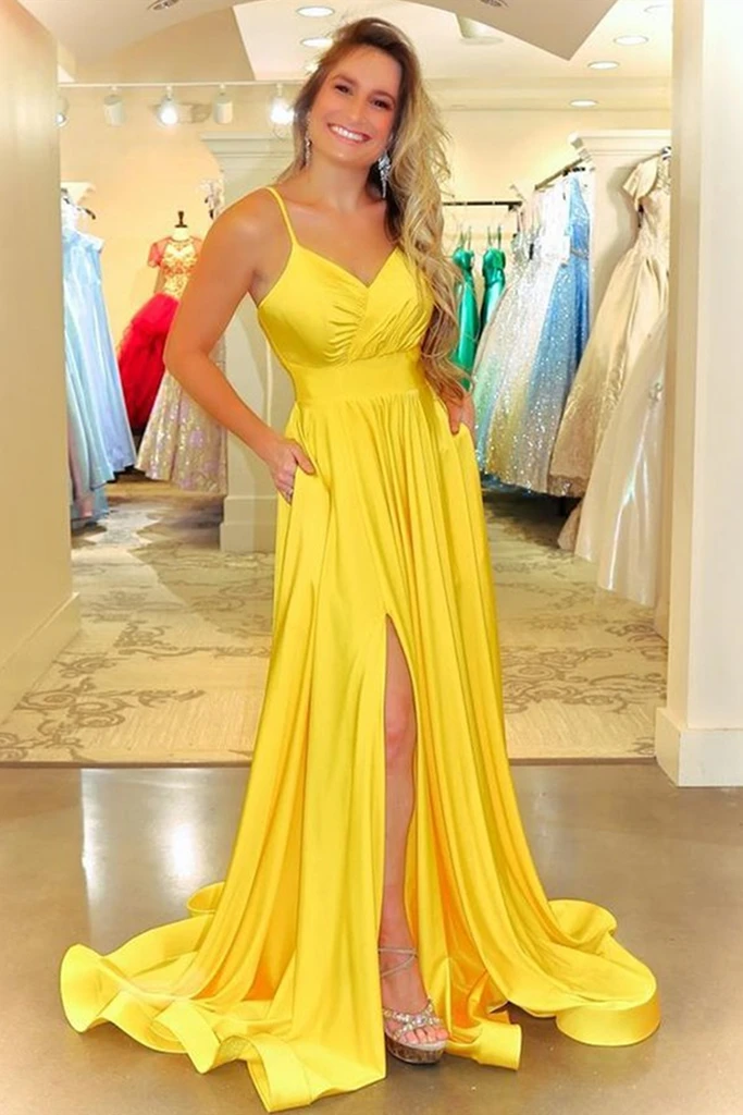 Simple V Neck Backless Yellow Satin Long Prom Dress, Long Backless Yellow Formal Evening Dress cg19097