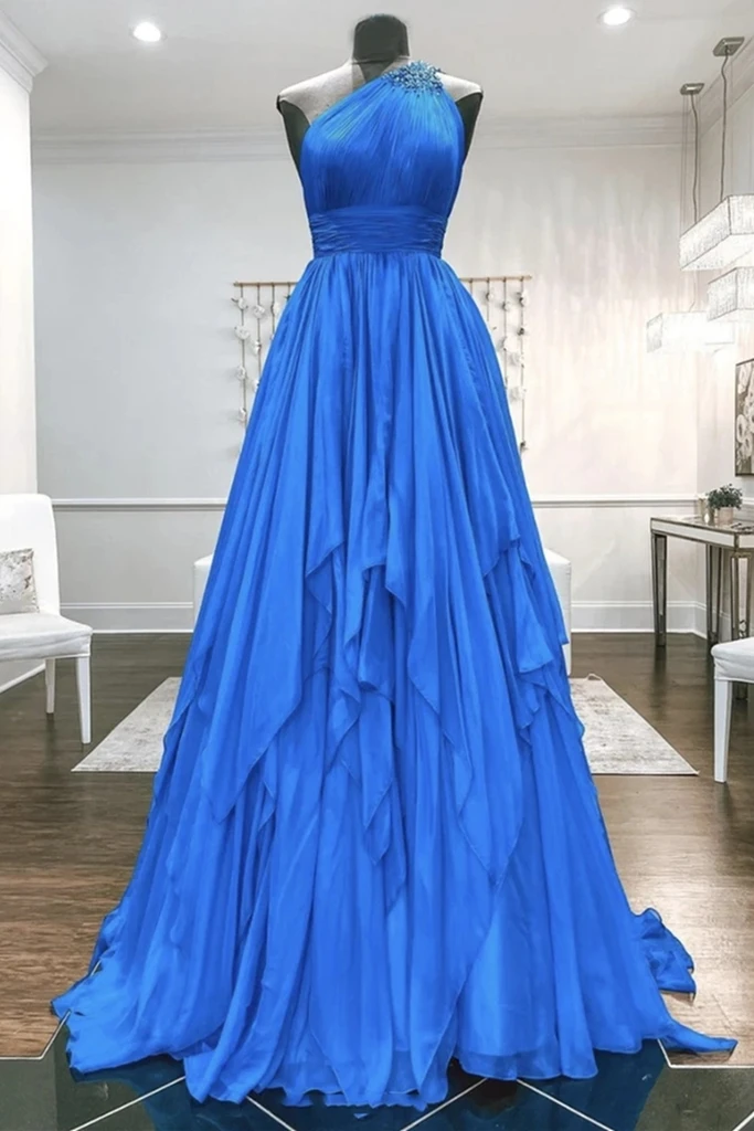 One Shoulder Backless Blue Chiffon Long Prom Dress, Beaded Blue Long Formal Evening Dress cg19098