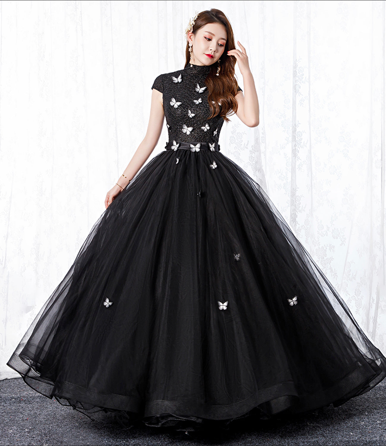 BLACK TULLE LONG A LINE BALL GOWN DRESS FORMAL DRESS prom dress cg19106