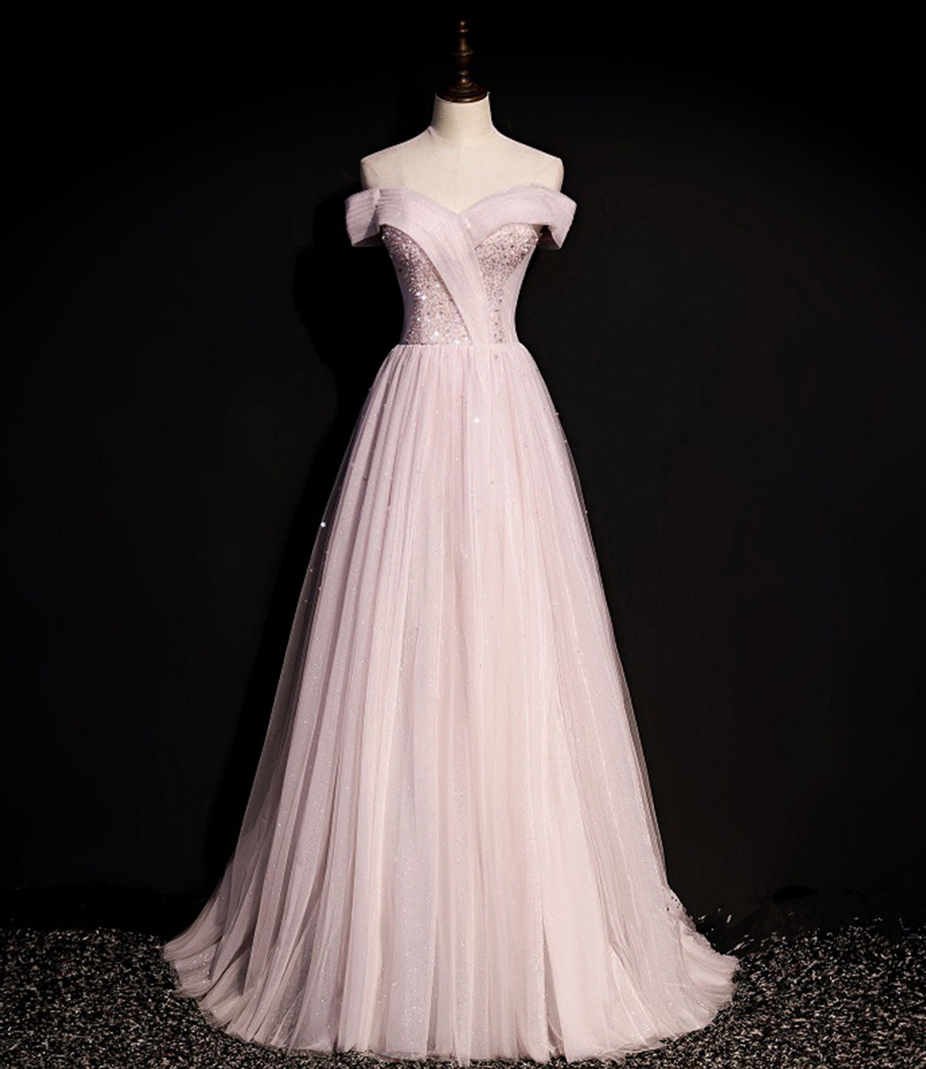 PINK TULLE BEADS LONG PROM DRESS A LINE EVENING DRESS cg19108