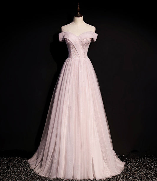 ROSA TÜLL PERLEN LANGES BALLKLEID A-LINIE ABENDKLEID cg19108