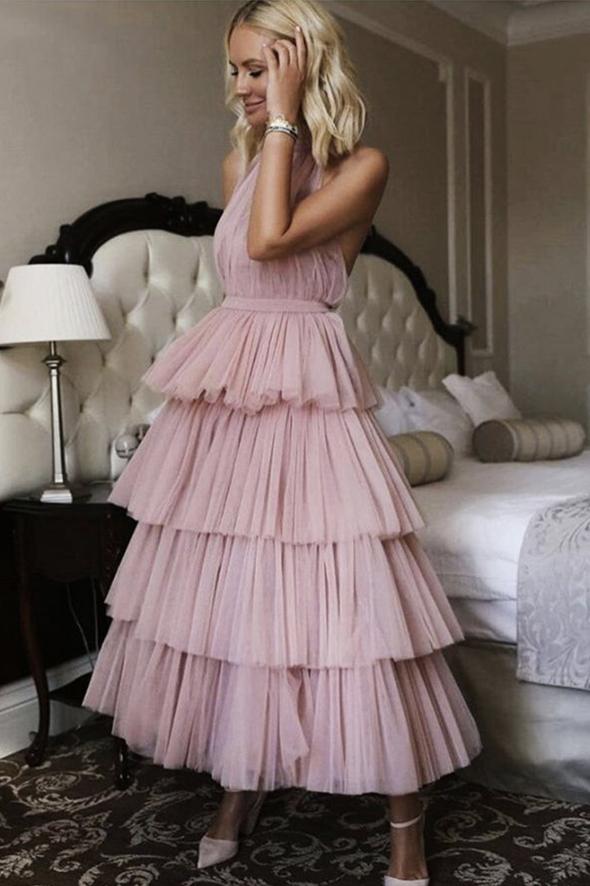 Pink tulle short prom dress pink evening dress cg19110