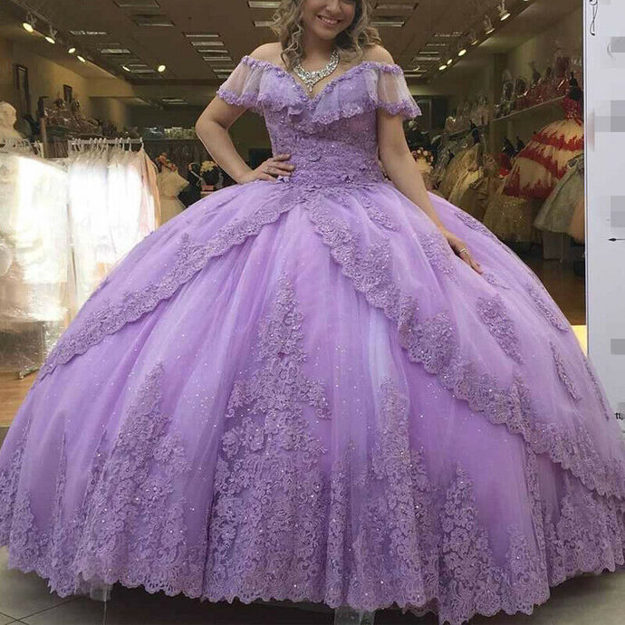 Lavender Quinceanera Dresses Lace Beaded Ball Gown Prom Princess Sweet 15 Dress cg19123