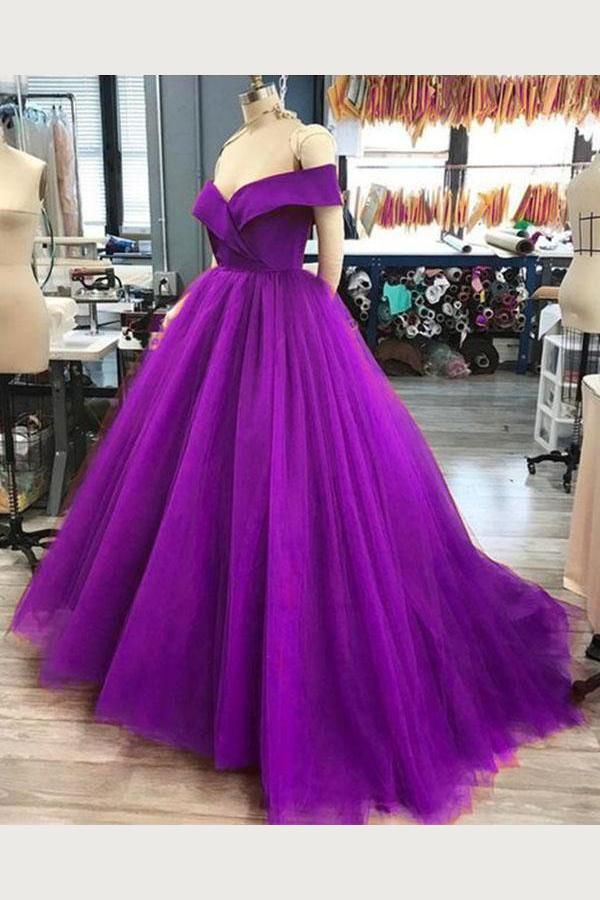 Charming Purple Tulle Long Off The Shoulder Party Dress, Long Prom Dress cg19126