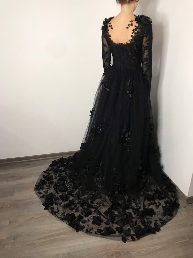 Black floral gothic wedding dress, black flower tulle lace dress, alternative bridal gown prom dress long formal gowns    cg19132