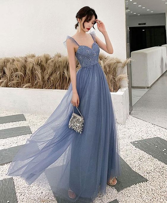 Simple blue tulle long prom dress blue tulle evening dress cg19135