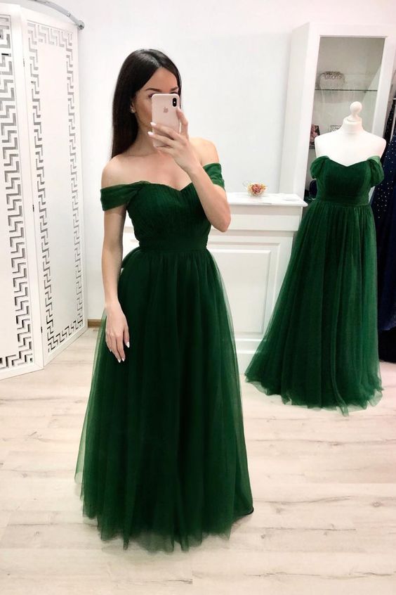 Off the Shoulder Hunter Green Tulle Bridesmaid Dresses prom dress cg19 classygown Off the Shoulder Hunter Green Tulle Bridesmaid Dresses prom dress cg19 classygown