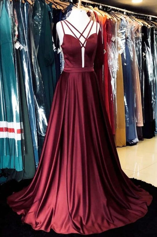 Schlichtes, langes Ballkleid aus weinrotem Satin, weinrotes Abendkleid cg1915