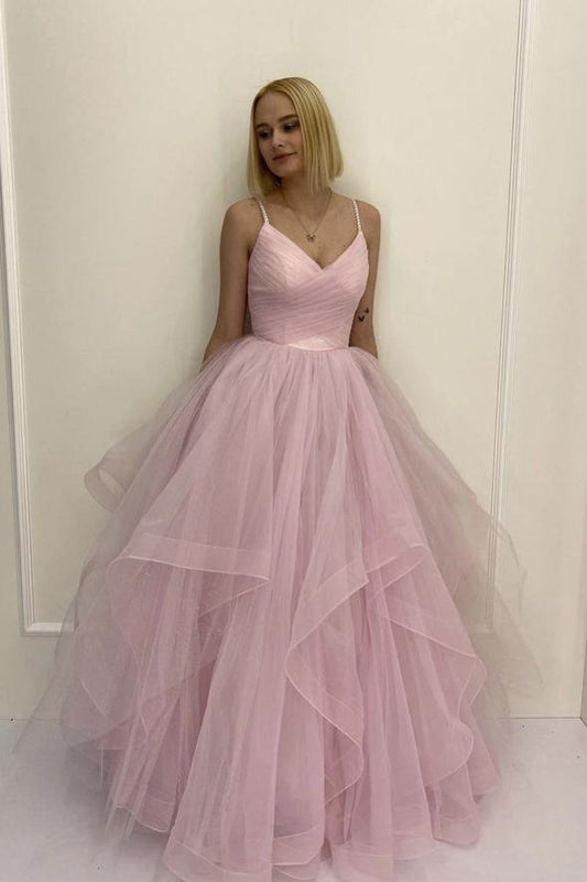 Rosa Tüll langes A-Linien-Ballkleid rosa Abendkleid cg19158