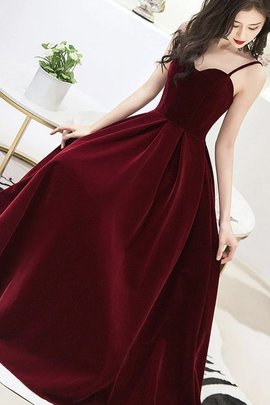 Weinrotes Partykleid mit Samtträgern und V-Ausschnitt, langes burgunderrotes Ballkleid, Abendkleid cg19160