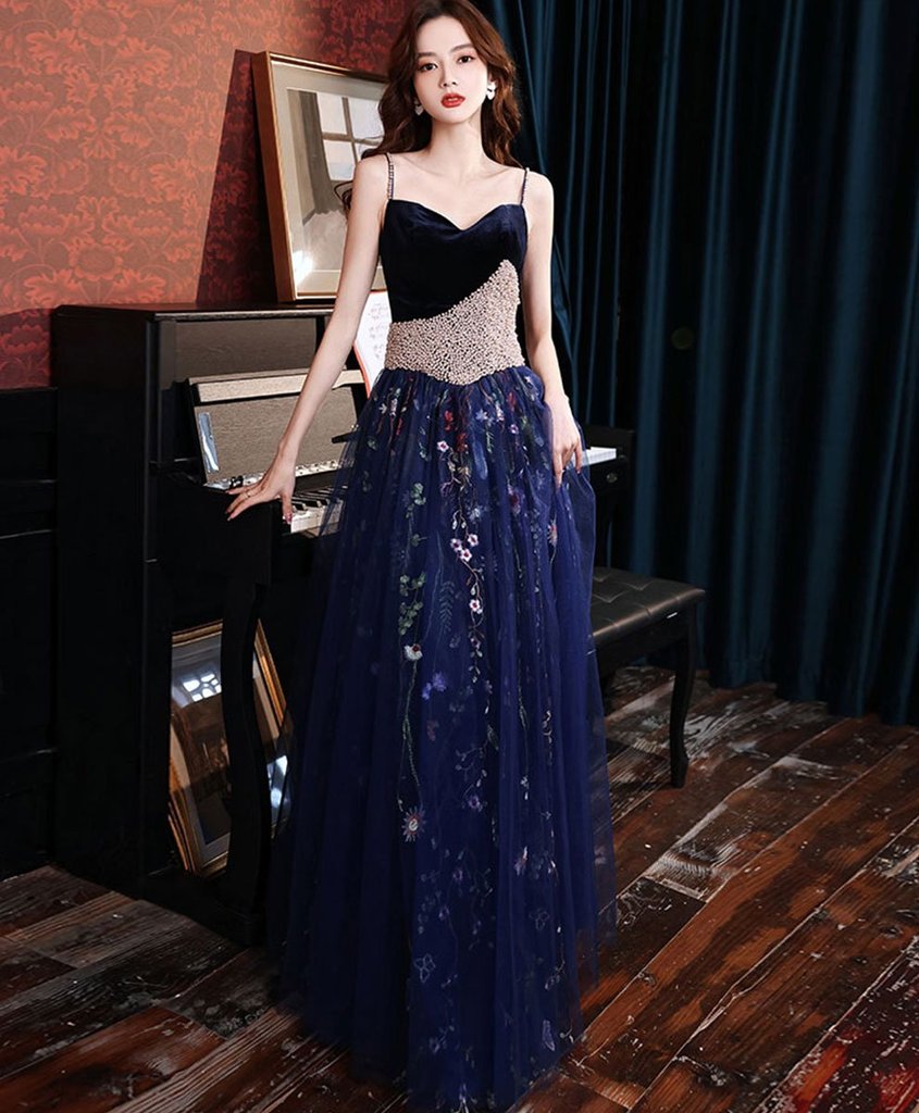 Charming Navy Blue Velvet And Tulle Floral Straps Evening Dress, Blue Formal Dress Prom Dress cg19162