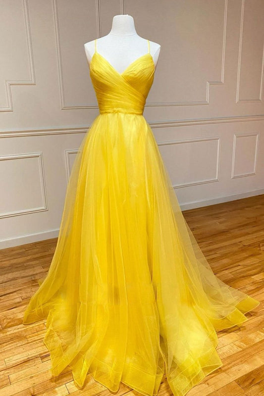 Gelbes langes Ballkleid aus Tüll mit V-Ausschnitt, gelbes Abendkleid, cg19164