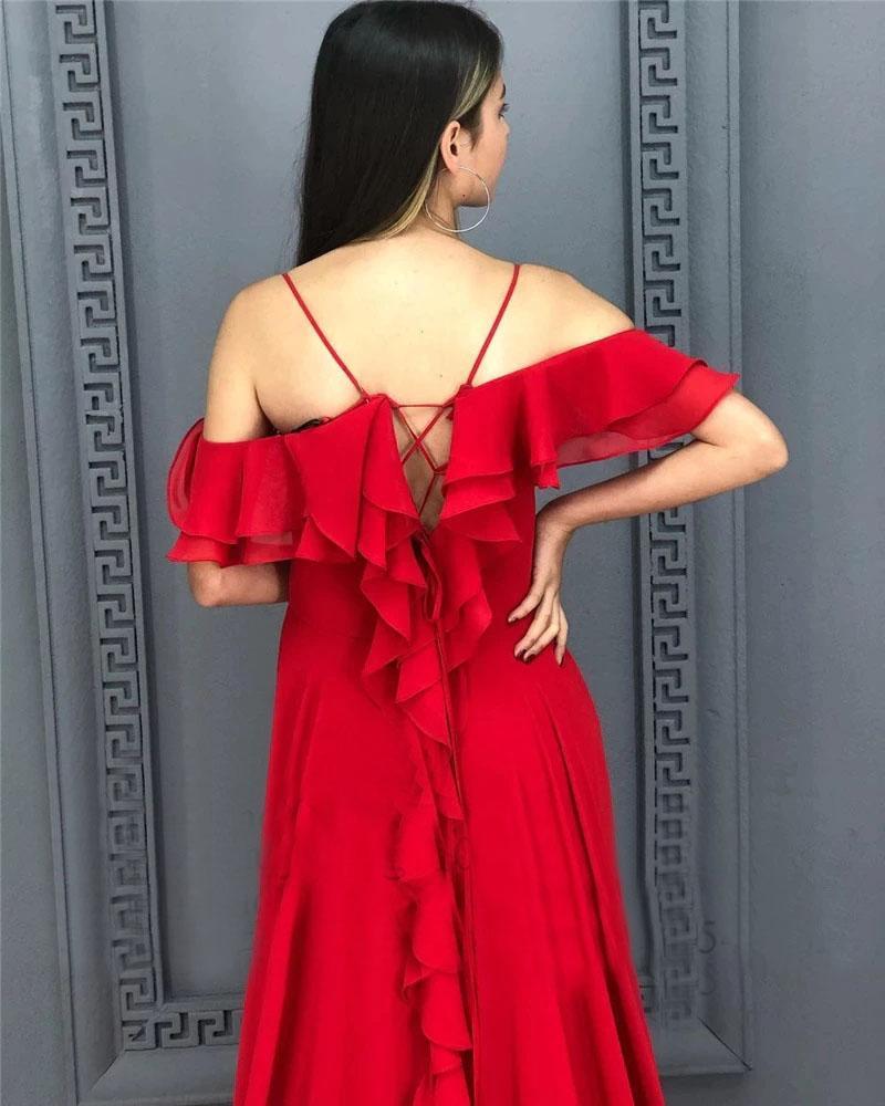 A Line Red Chiffon Prom Dresses Long Sexy Split Evening Party Gowns For Women cg19169