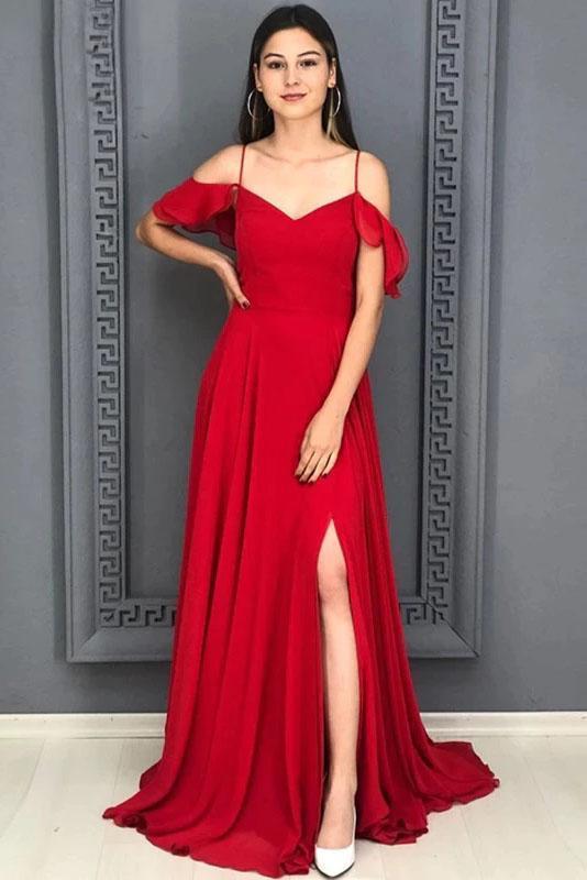 A Line Red Chiffon Prom Dresses Long Sexy Split Evening Party Gowns For Women cg19169