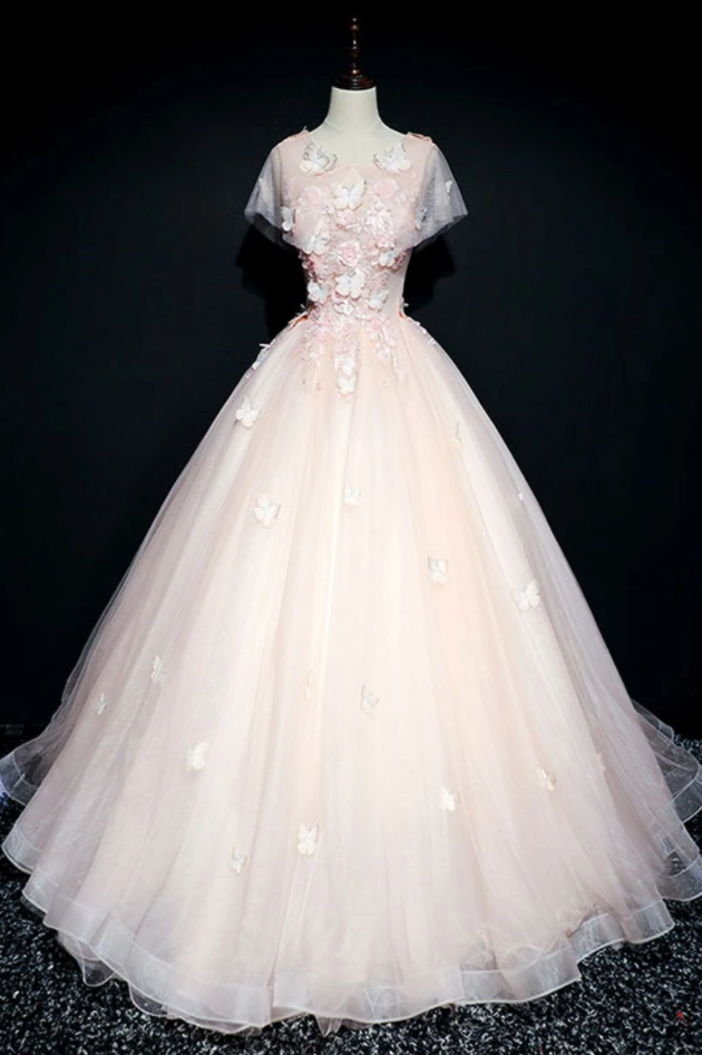 PINK ROUND NECK TULLE LACE LONG PROM DRESS, PINK TULLE FORMAL DRESS cg19174