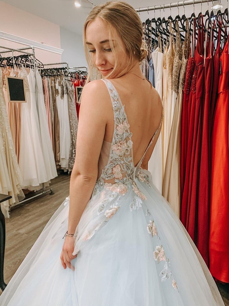 Deep V Neck 3D Flower Blue Tulle Long Prom Dresses cg19186