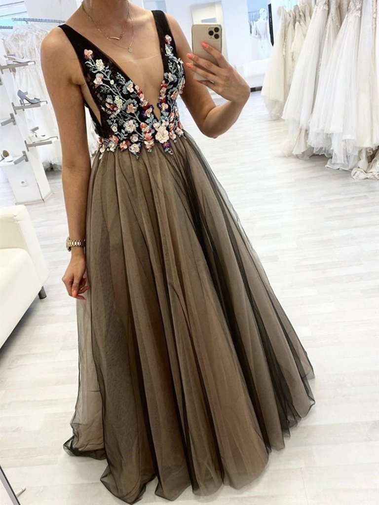 Black V Neck Floral Long Prom Dresses, Long 3D Flower Black Formal Evening Dresses cg19187
