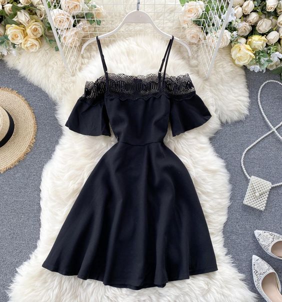 Cute black lace short dress A line off shoulder dress Homecoming Dresses cg19194