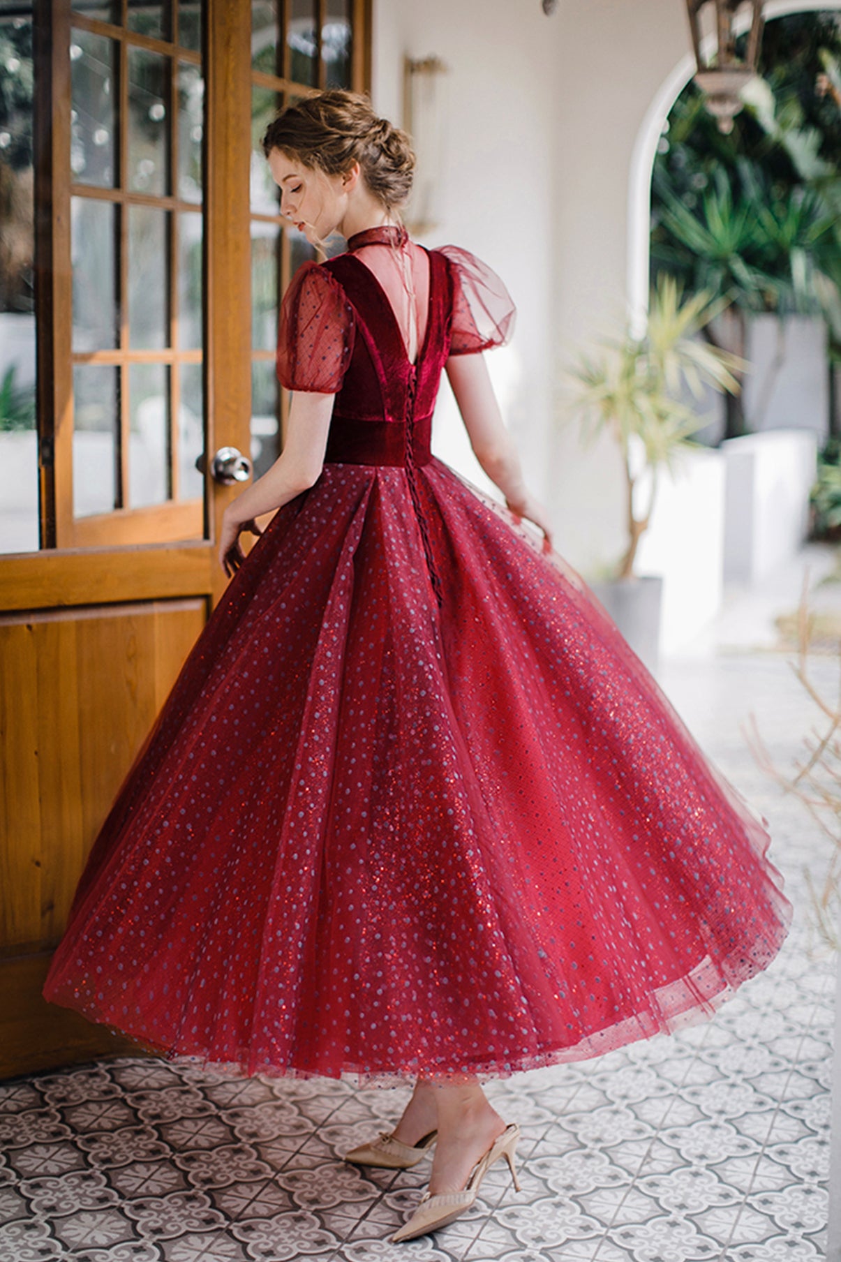 BURGUNDY TULLE SHORT PROM DRESS A LINE EVENING DRESS cg19209