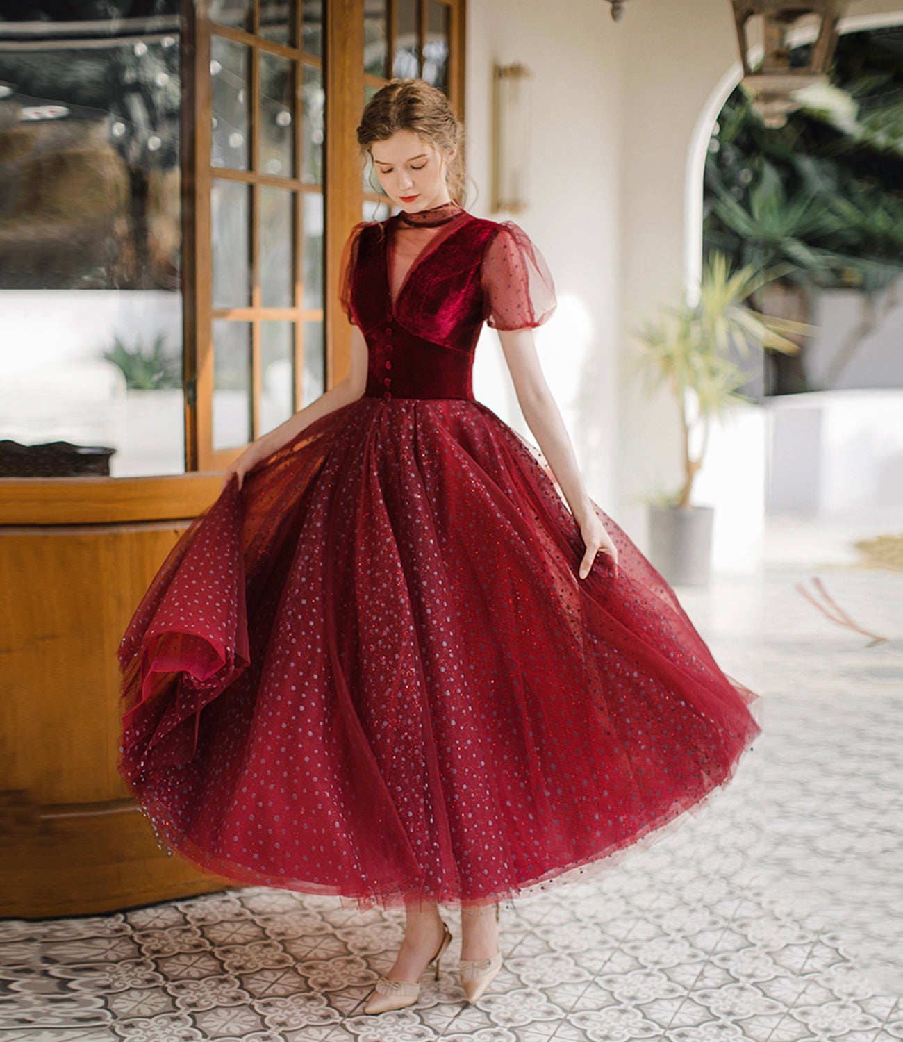 BURGUNDY TULLE SHORT PROM DRESS A LINE EVENING DRESS cg19209