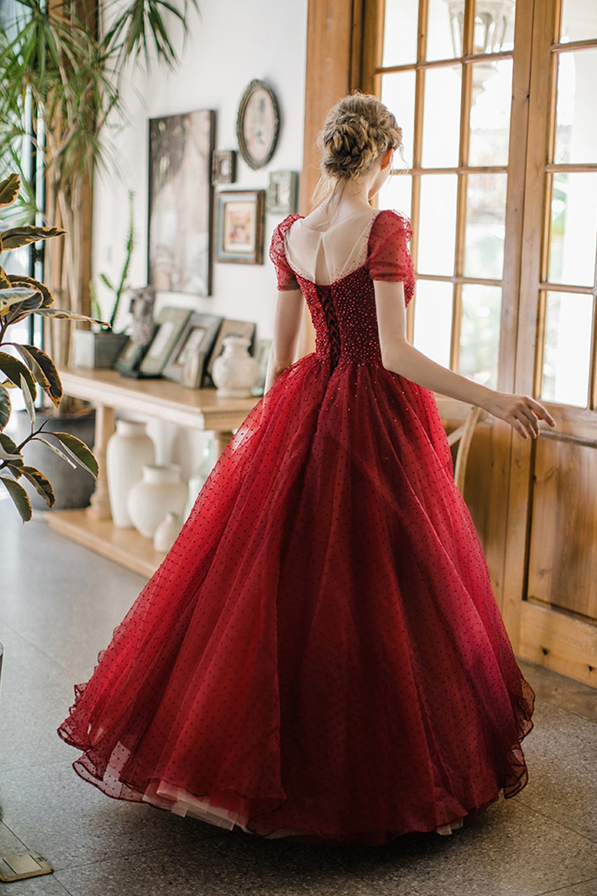 BURGUNDY TULLE BEADS LONG PROM DRESS A LINE EVENING DRESS cg19212