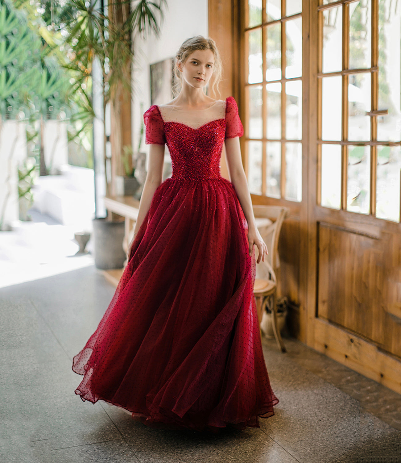 BURGUNDY TULLE BEADS LONG PROM DRESS A LINE EVENING DRESS cg19212