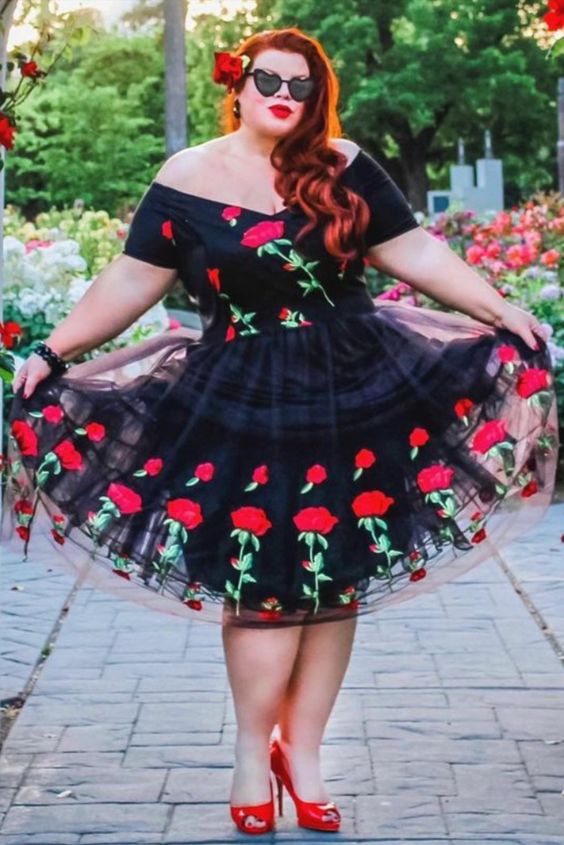 Short Homecoming Dress plus size off the shoulder black and rose floral embroidered cg19214