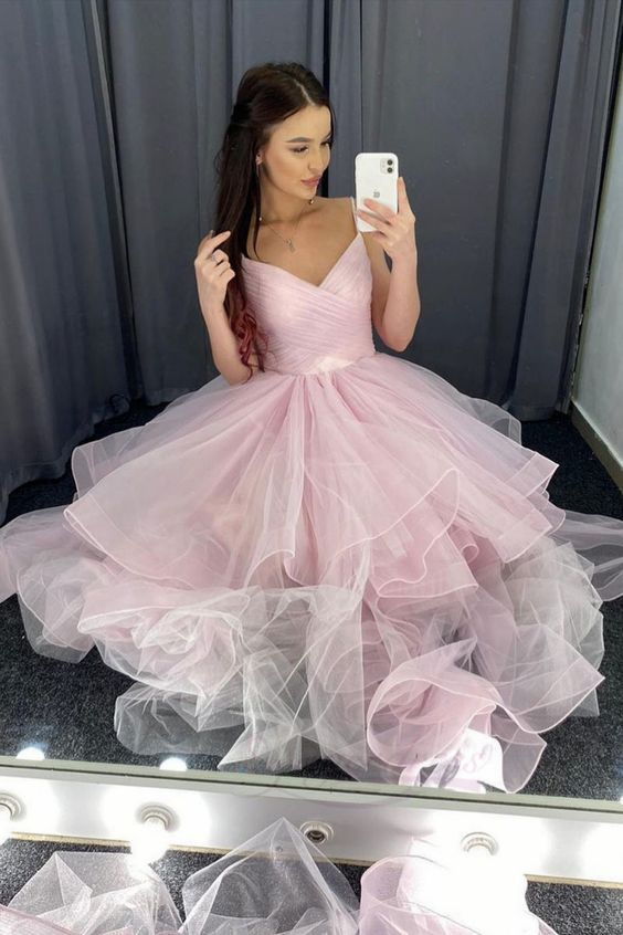Tiered Pink Tulle Prom Dress cg19218