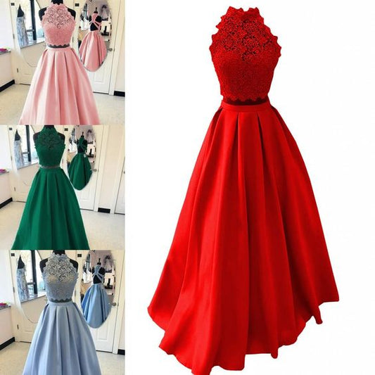 2021 Neckholder Spitze Satin Ballkleider Lang Zweiteiler Sexy Neckholder Criss Cross Rückenfrei Drapiert A-Linie Abschlussfeier Sweet 15 Kleid Billig cg19244