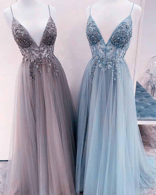 Tulle Prom Dresses Embroidery Beaded V Neck Split cg19305