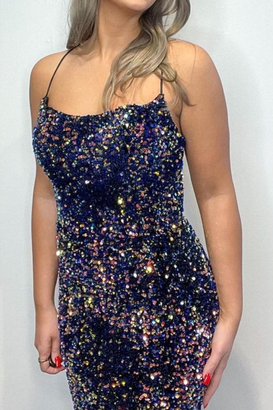 mermaid navy blue sparkle sequined long formal dress prom dress cg1931
