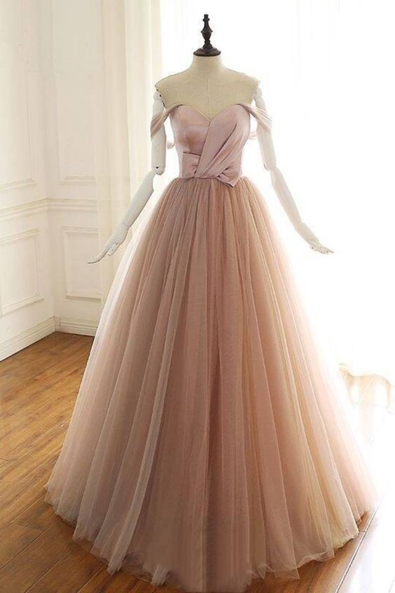 Off the Shoulder Blush Pink Tulle Prom Dress cg19311