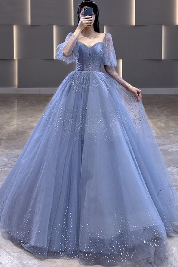 Blue tulle long ball gown dress A line formal dress Prom Dress cg19313