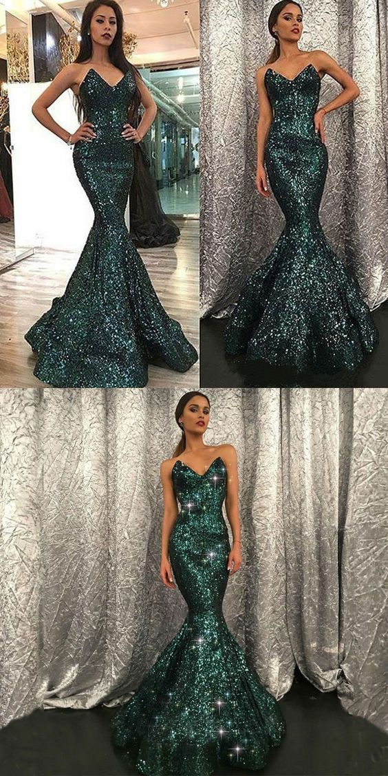Mermaid Sweetheart Sweep Train Green Sequined Prom Dress,Sparkle Mermaid Evening Prom Dresses cg19361
