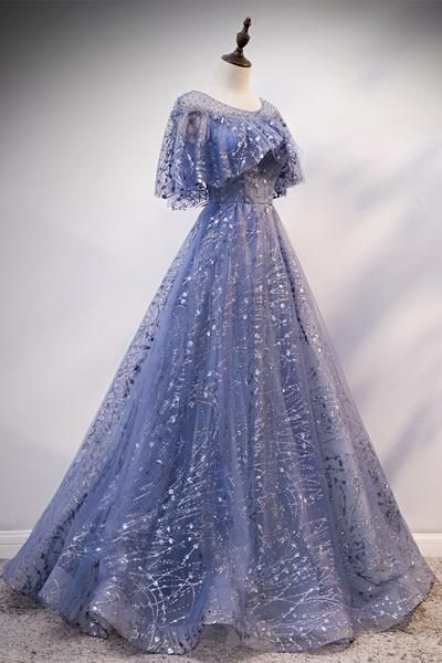 Blue Sequins Long Cap Sleeve Prom Dress, Formal Dress cg19368