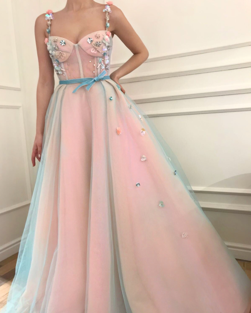 A-line Straps Long Prom Dress With Floral Beading Modest Long Prom Dresses Evening Dress cg19380