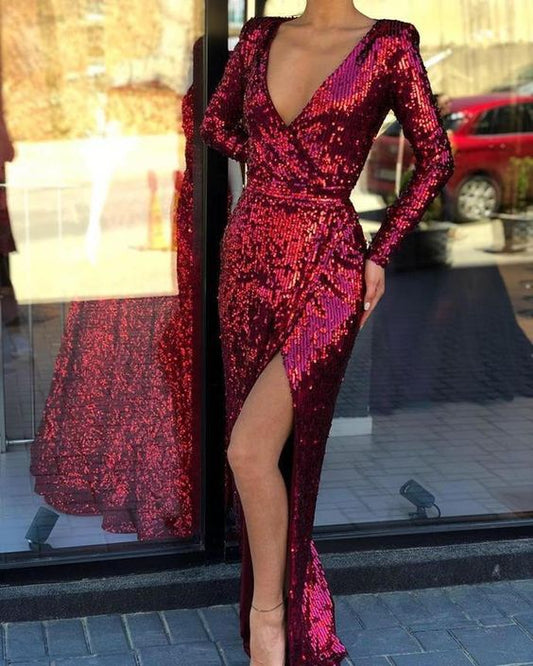 Burgunderrotes Abendkleid/Ballkleid im Meerjungfrau-Stil mit langen Ärmeln und Pailletten im V-Ausschnitt und Schlitz cg1939