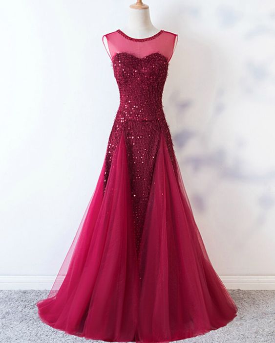 Burgundy Mermaid Sequins Backless Long Prom Dress cg19426