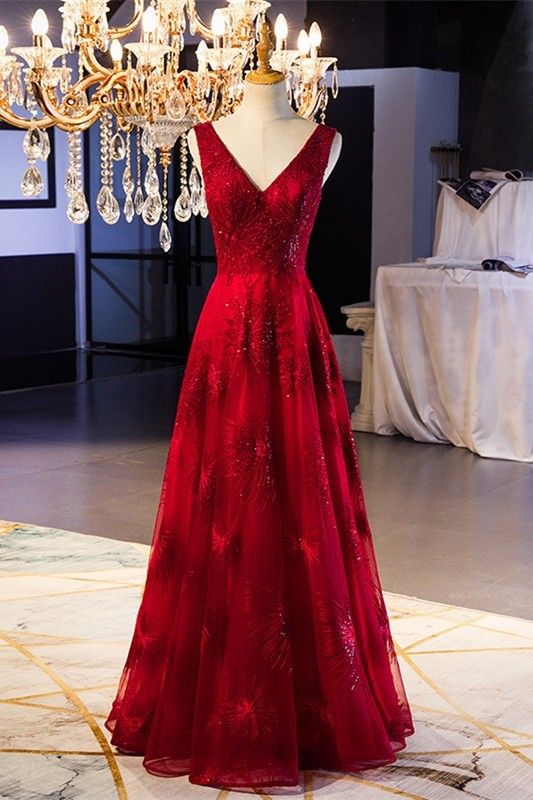 Gorgeous V Neck Corset Red Lace A Line Prom Evening Dress With Crystal   classygown