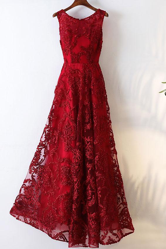 BURGUNDY ROUND NECK LACE LONG PROM DRESS, BURGUNDY EVENING DRESS cg19433