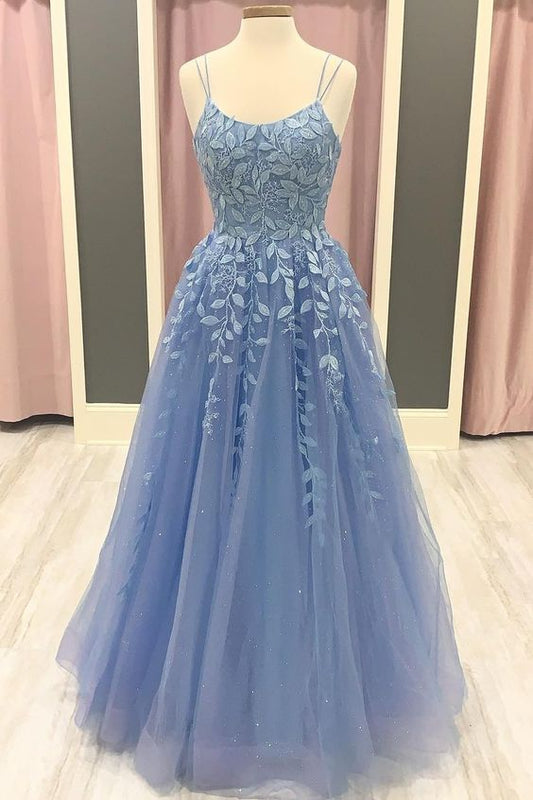 2021 A-Linien-Ballkleid mit blauen Spitzenapplikationen cg19458