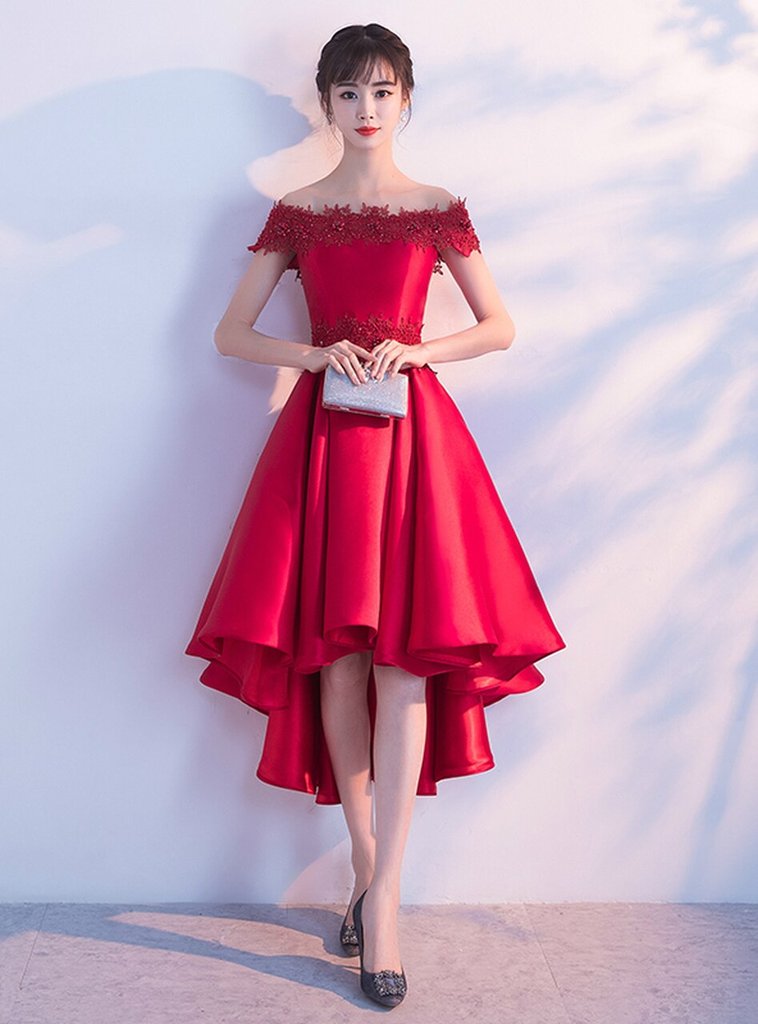 Red Satin With Lace Beaded High Low Homecoming Dress cg19468