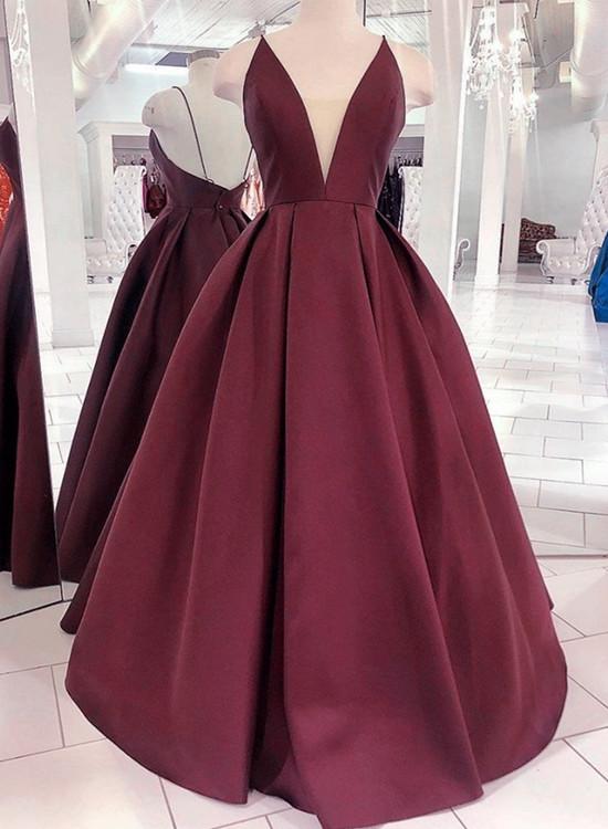 Burgundy V Neck Backles Satin Long Prom Dress, Backless Dark Red Formal Dress cg19473