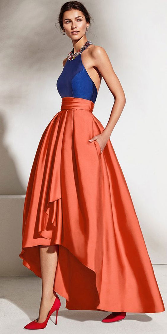 Satin Neckholder Ausschnitt Rückenfrei Hi-lo A-Linie Ballkleid mit Perlenbesatz cg1948